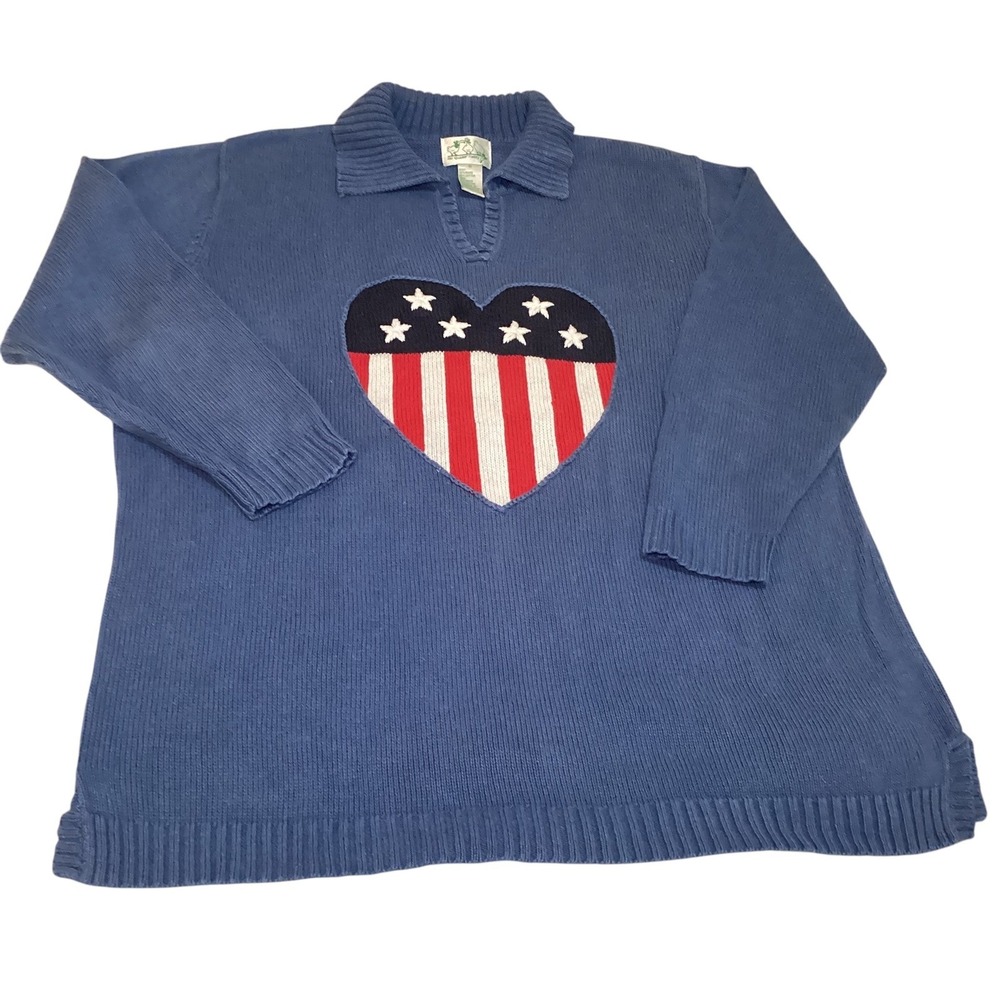 Quacker Factory Blue Patriotic American Flag Heart Sweater Women 1X Star Knit